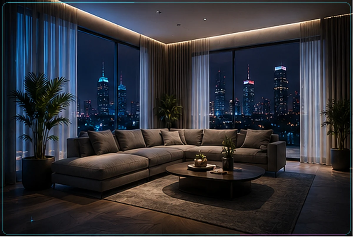 Salon z karniszem elektrycznym i zasłonami na wymiar w Warszawie