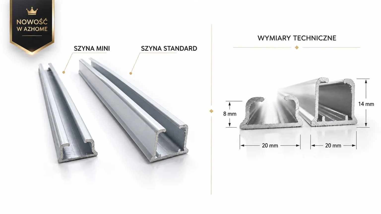 Porównanie aluminiowej szyny sufitowej MINI i STANDARD — wymiary techniczne Warszawa